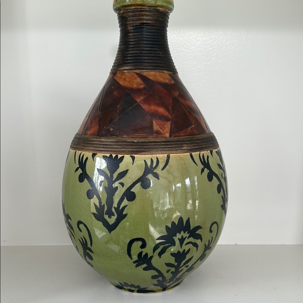 PIER ONE LARGE Decorative Ceramic Vase with Green Brown Black Pattern Decor